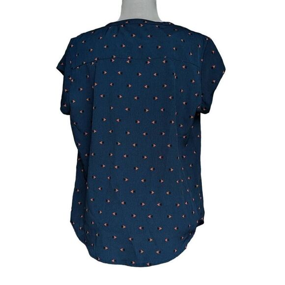 New Fun 2 Fun Lillian V-Neck Navy Tan Orange Black Geometric Blouse size L - Picture 7 of 8